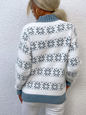 Alpine Fair Isle mock neck pullover sweater in white with Misty Blue trim and snowflake pattern.