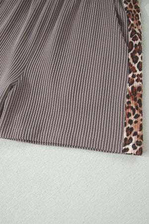 Ribbed knit two-piece set in brown with vertical stripes and leopard trim detail.