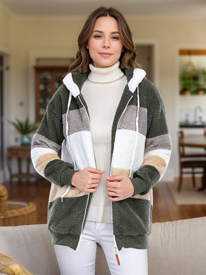 Teddy fleece zip-up hoodie in Army Green with colorblock pattern, white drawstring hood and zip.