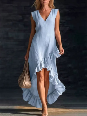 Full Size V-neck Ruffle Hem High-low Dress, alternate angle