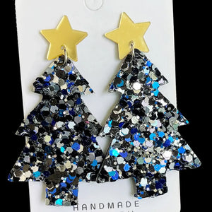 Glittered Christmas tree acrylic earrings with gold star tops in dark blue and silver.