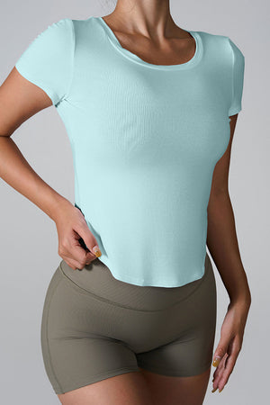 Aqua ribbed active tee with short sleeves and scoop neck