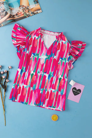 Brushstroke ruffle sleeve V-neck blouse in hot pink with abstract print