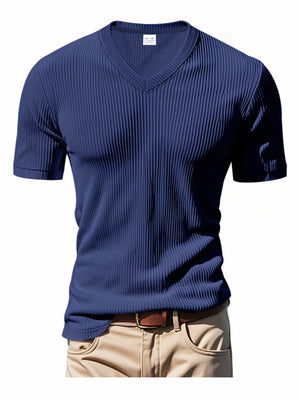 Denim Blue ribbed V-neck t-shirt with short sleeves.