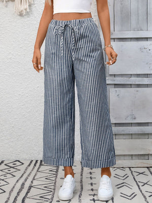 Navy blue striped wide leg pants with drawstring waist and pockets