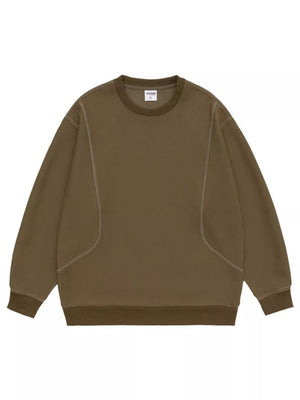 Oversized khaki long-sleeve sweatshirt with contrast stitching and crewneck.