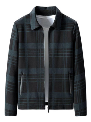 Men's plaid zip-up jacket in blue and black with zippered pockets.