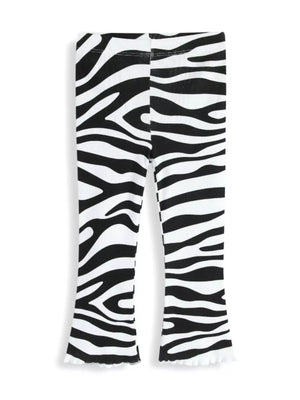 Baby girls' black and white zebra print flare pants with ruffled hems.