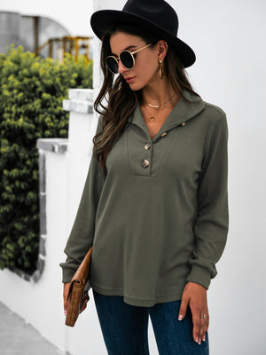 Button Chic Long Sleeve Tee in Army Green with waffle knit texture and button detail