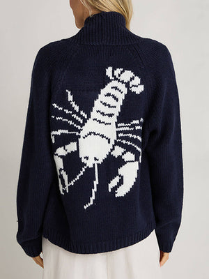 Dark blue acrylic knit cardigan with white lobster appliqué on back, turtleneck.