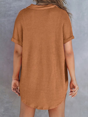 Waffle-knit collared shirt in camel with short sleeves and button detail.