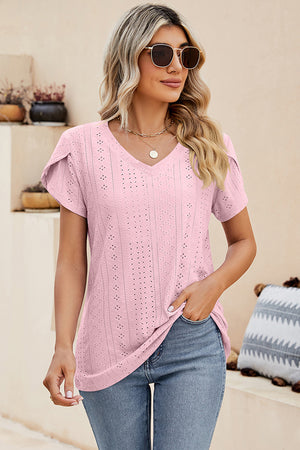 Blush pink eyelet sleeve detail v-neck top with breathable fabric.