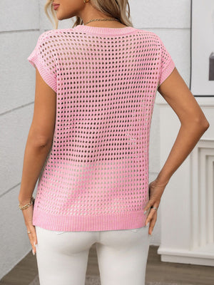 Openwork knit crewneck top in pink with short sleeves and a casual, breathable design.
