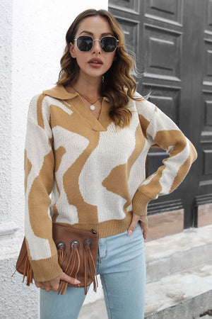 Women's camel and white abstract print polo knit sweater, acrylic, v-neck, long sleeve.