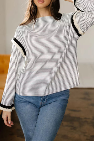 Stripe Contrasted Ruffle Trim Loose Long Sleeve Top in Stripe, close-up detail