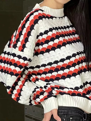 Textured striped knit sweater with bubble knit detail in white, red, and navy.