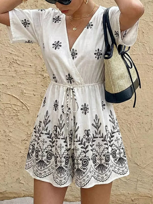 Printed Surplice Half Sleeve Romper in White, model styling view