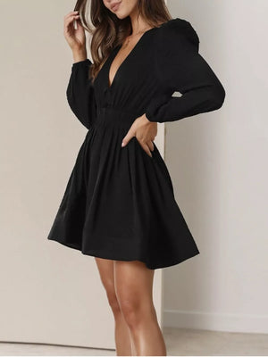 Black V-neck mini dress with puff sleeves and a-line skirt