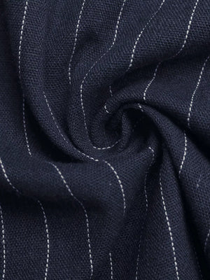 Navy cotton jumpsuit with white pinstripes and decorative buttons.