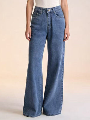 Maternity wide-leg jeans in blue denim with a high waist and flared leg.