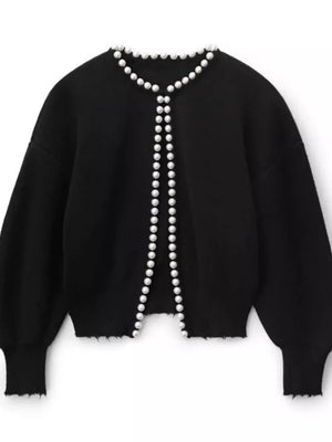 Pearl Trimmed Open Front Cardigan in White, back view