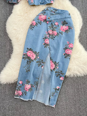 Floral sweetheart cami and skirt denim set with pink floral print and front slit skirt