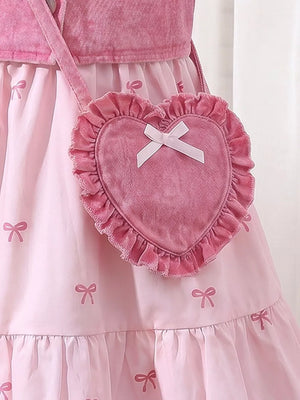 Children's Bow Print Puff Sleeve Dress Set in Pink, close-up detail