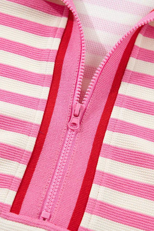 Pink and white striped cotton bikini top with a pink half-zip and red trim.