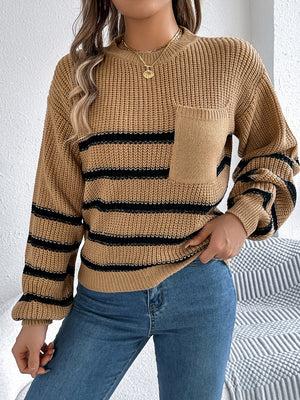Caramel knit sweater with black stripes, crew neck, long sleeves, and a chest pocket.