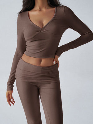Cross-front long sleeve top and flared lounge pants in Coffee Brown.