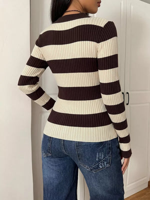 Striped Ribbed Knit Long Sleeve Sweater in Coffee Brown, back view