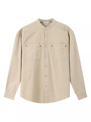 Apricot cotton casual long sleeve shirt with band collar and two chest pockets.