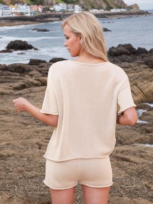 Textured knit co-ord set in eggshell, relaxed fit top with short sleeves and matching shorts.