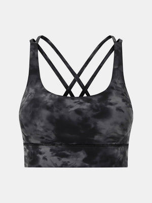 Performance bra in dark gray tie-dye with crisscross straps