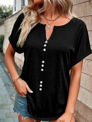 Black short sleeve t-shirt with V-neck and decorative buttons
