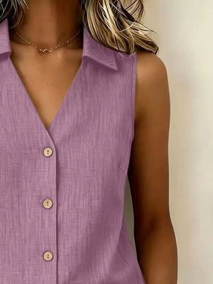 Full Size Button-up Sleeveless Collared Top in Navy, fit detail