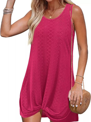 Rose eyelet tank dress with a twisted hem detail.