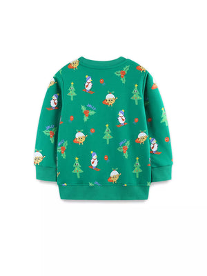 Kids green cotton sweatshirt with festive Christmas print of penguins, trees, and holly.