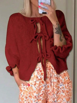 Tie-front Cropped Cardigan in Yellow, close-up detail