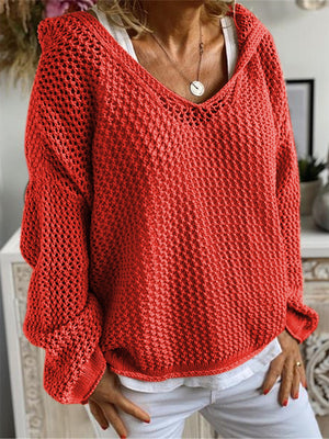 Red open-knit slouchy hooded sweater with a V-neck and relaxed fit.