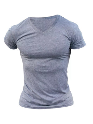 Men's Full Size V-neck Slim Fit Casual T-shirt in Light Gray, fabric detail