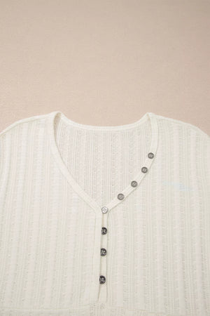 Textured white maternity V-neck t-shirt with button details