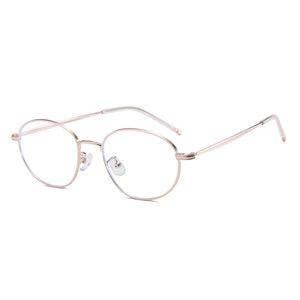 Vintage-inspired round frame eyeglasses in rose gold metal with clear lenses.