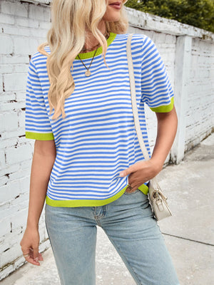 Striped knit tee with blue and white horizontal stripes and neon green trim.