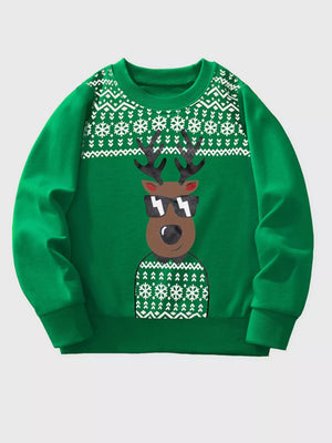 Green crewneck sweatshirt with a festive reindeer graphic wearing sunglasses and a snowflake pattern.