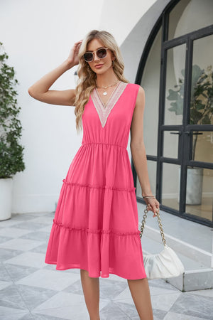 Hot Pink lace-trimmed tiered sleeveless midi dress with V-neck and elastic waist