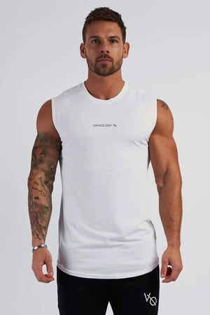 White performance tank top with black logo detail on chest and hem