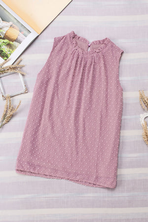 Textured halter neck tank top in dusty pink with ruffled collar and button closure