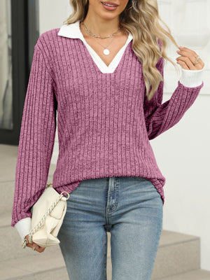 Ribbed knit long sleeve t-shirt in purple red with white collar and cuffs.