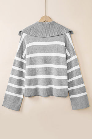 Light gray and white striped knit pullover sweater with a wide collar.